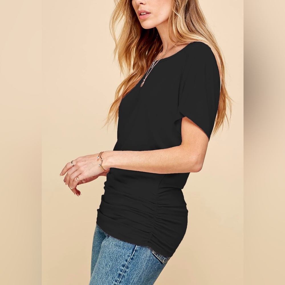 Casual Solid Short Sleeve Boat Neck Dolman Top with Side Shirring -black - Picture 3 of 5